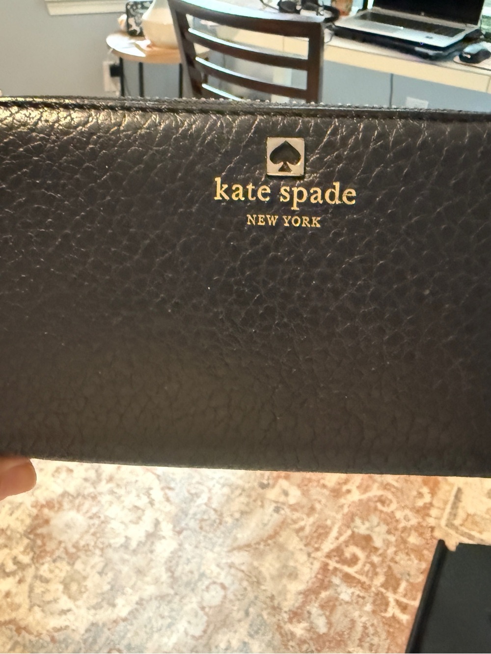 kate spade black pebbled leather zip wallet with gold logo
